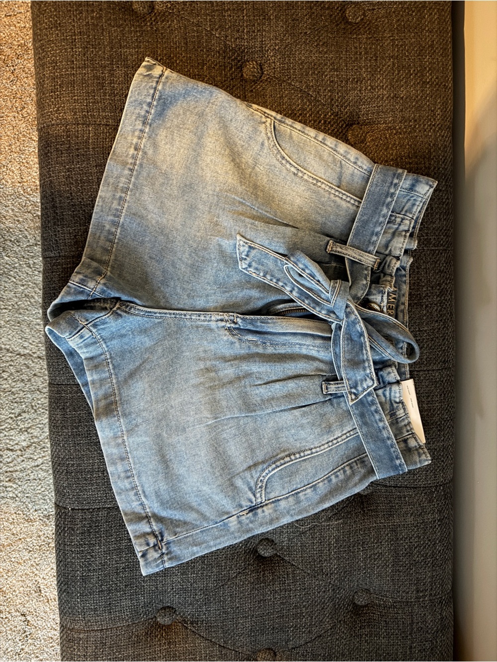 High-Rise Tie-Waist Denim Shorts in Faded Blue
